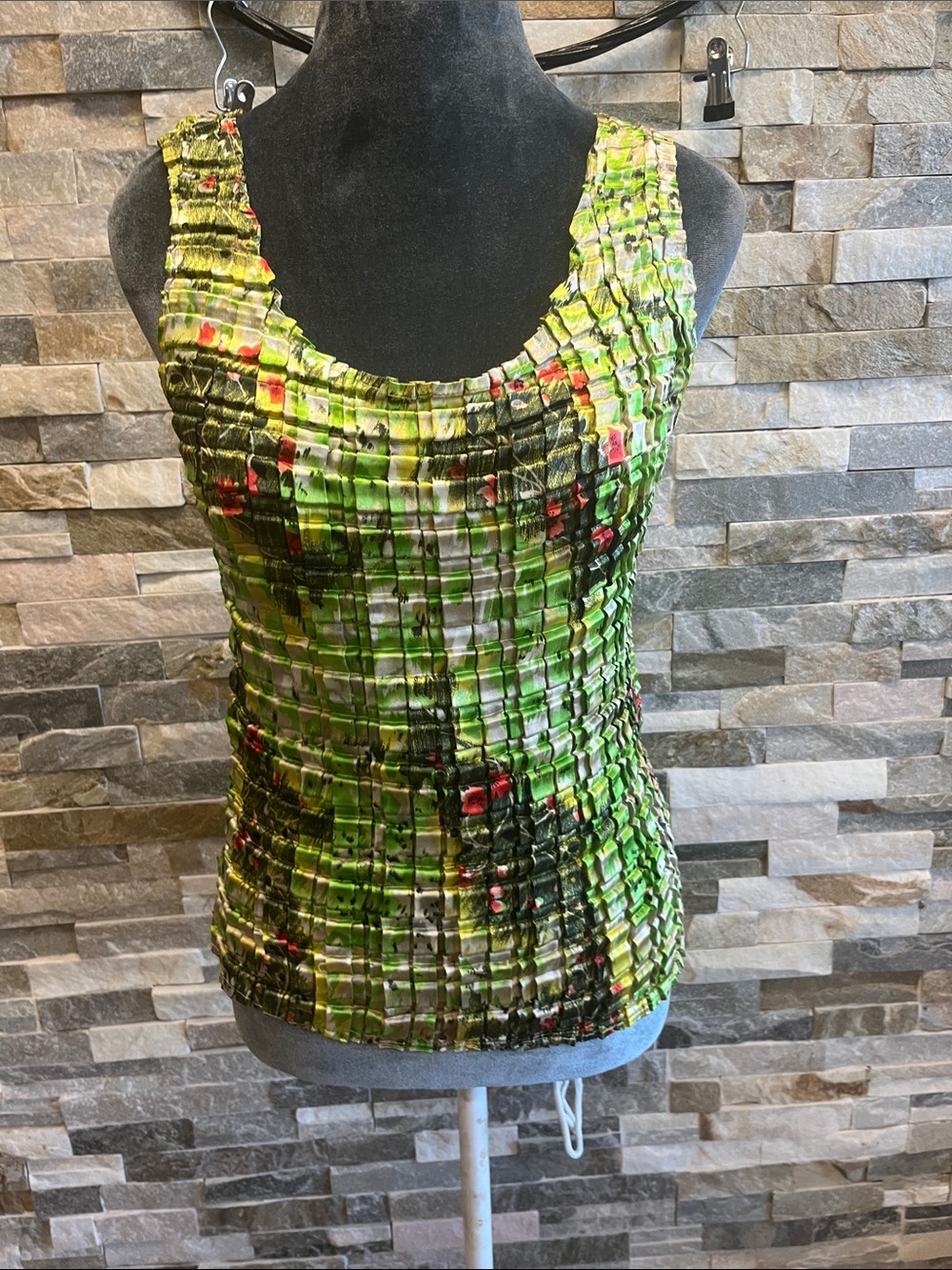 Mesmerize Women's Green Smocked Scoop Neck Tank Top with Subtle Red Accents